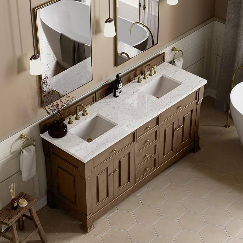 James Martin Brookfield 72 Inch Double Vanity Pecan With Eternal Jasmine Pearl Silestone Top