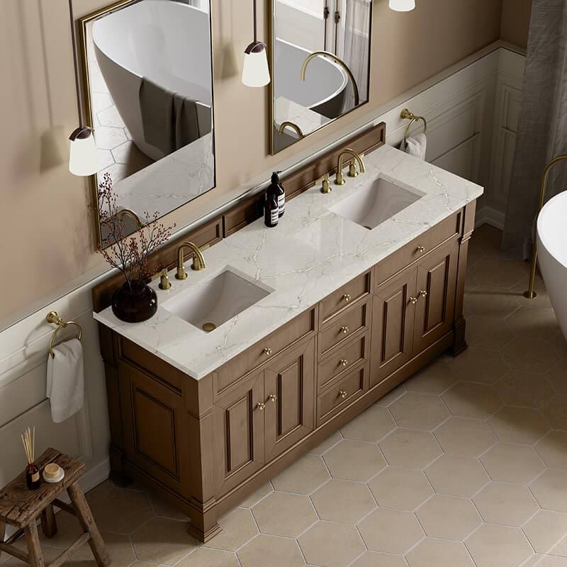James Martin Brookfield 72 Inch Double Vanity Pecan With Victorian Silver Silestone Top