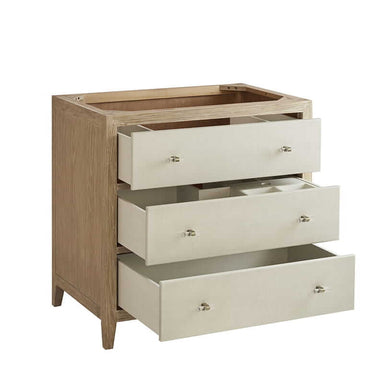 James Martin Celeste 36 Inch Single Vanity in Sunwashed Oak With Embossed Shagreen Corner View Open Drawers