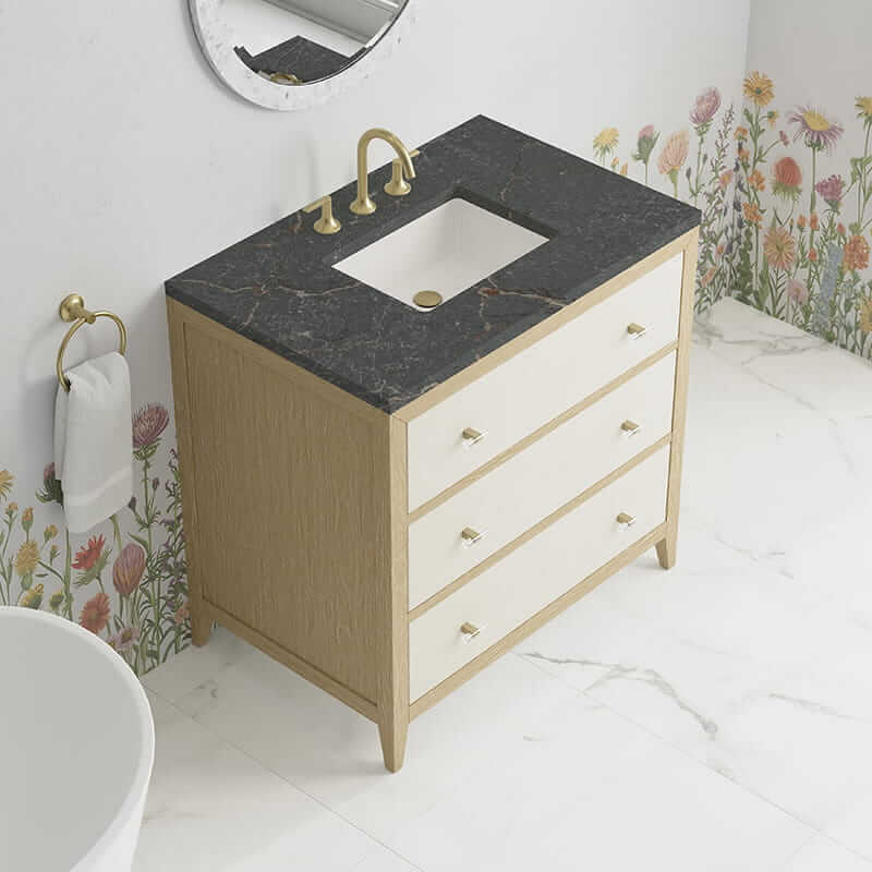 James Martin Celeste 36 Inch Single Vanity in Sunwashed Oak With Embossed Shagreen With Parisien Bleu Silestone Top