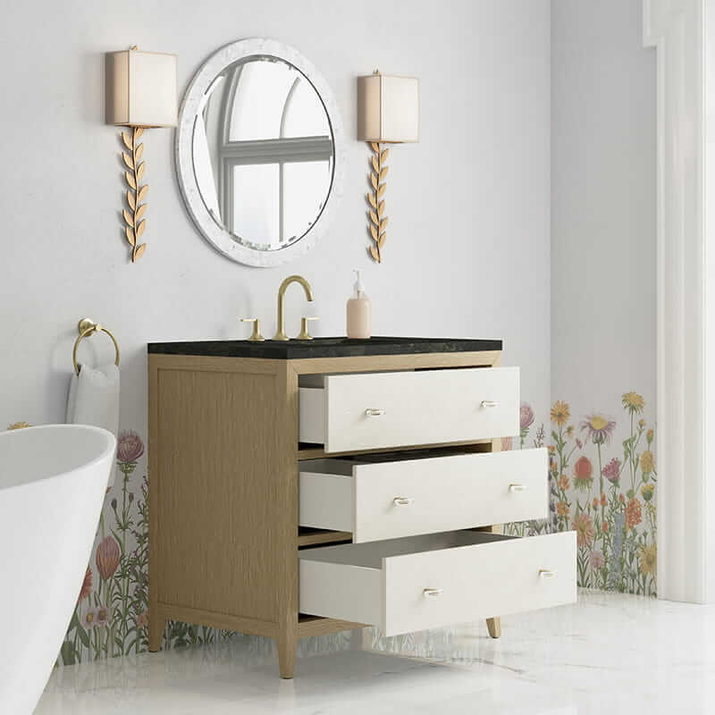 James Martin Celeste 36 Inch Single Vanity in Sunwashed Oak With Embossed Shagreen With Phantome Eclos Top Corner View Lifestyle