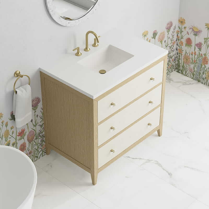 James Martin Celeste 36 Inch Single Vanity in Sunwashed Oak With Embossed Shagreen With White Zeus Silestone Top