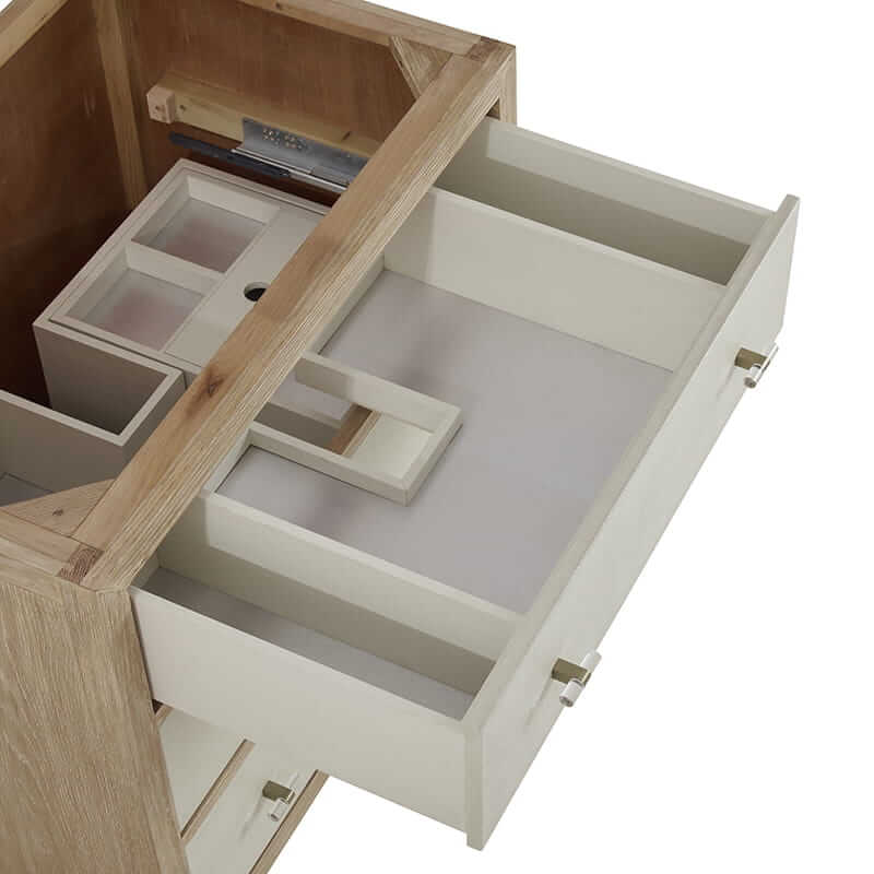 James Martin Celeste 36" Single Vanity in Sunwashed Oak With Embossed Shagreen Top Side View Open Drawer