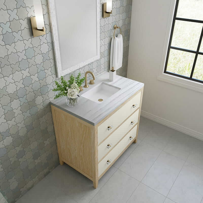 James Martin Celeste 36" Single Vanity in Sunwashed Oak With Embossed Shagreen With Arctic Fall Solid Surface Top