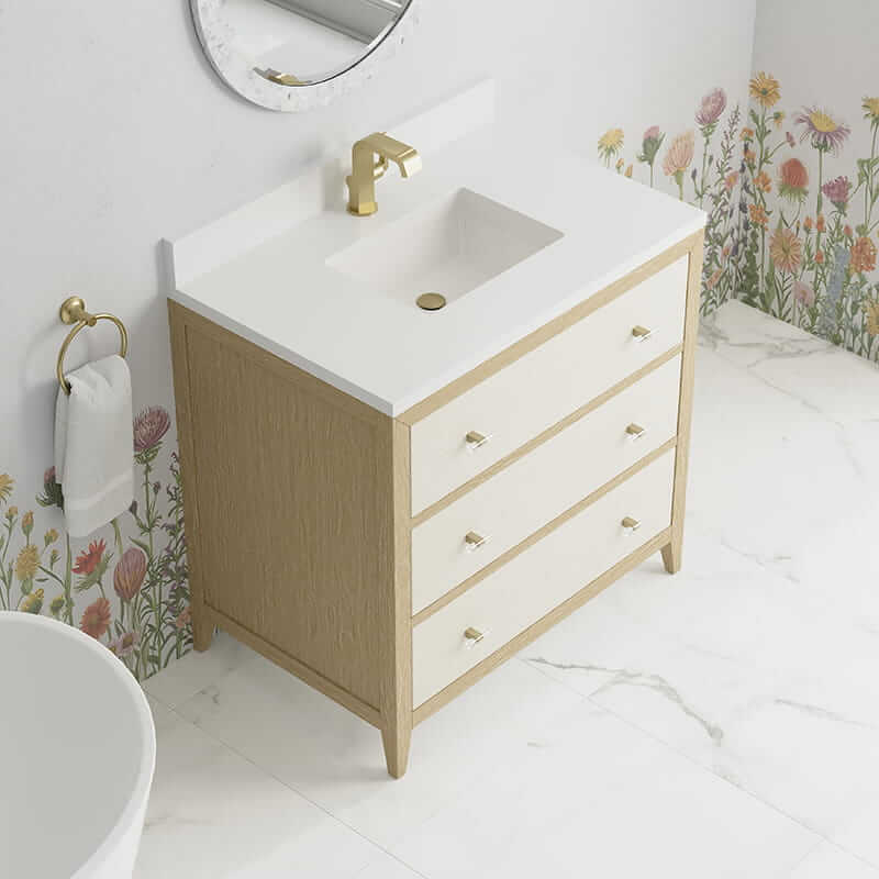 James Martin Celeste 36" Single Vanity in Sunwashed Oak With Embossed Shagreen With Single Hole Faucet White Zeus Silestone Top Backsplash