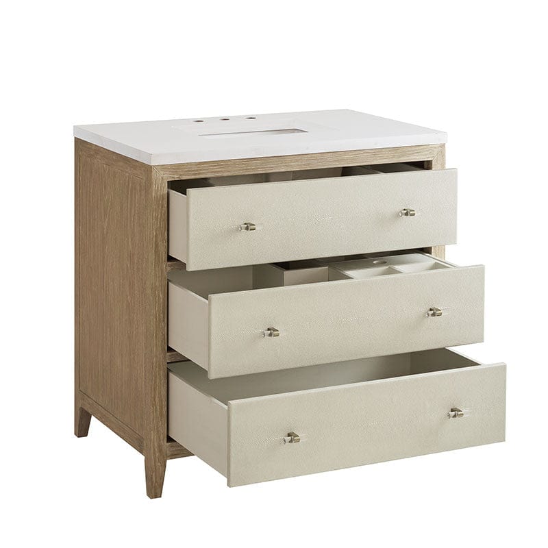 James Martin Celeste 36" Single Vanity Sunwashed Oak With Embossed Shagreen Open Drawer