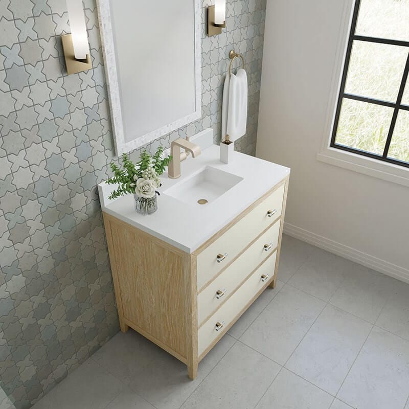 James Martin Celeste 36" Single Vanity Sunwashed Oak With Embossed Shagreen White Zeus Silestone Top Backsplash