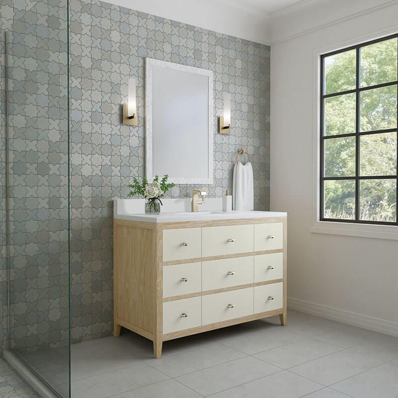 james martin celeste 48 inches single vanity sunwashed oak with embossed shagreen lifestyle side view