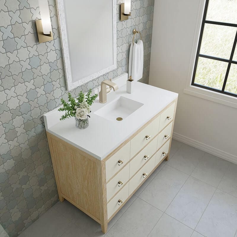 James Martin Celeste 48 Inches Single Vanity Sunwashed Oak With Embossed Shagreen White Zeus Silestone Top Backsplash