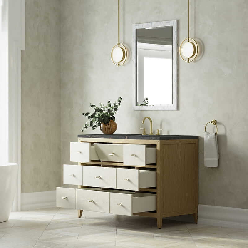 James Martin Celeste 48" Single Vanity in Sunwashed Oak With Embossed Shagreen With Parisien Bleu Silestone Top Corner View Lifestyle