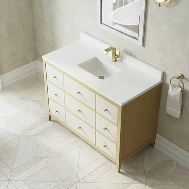 James Martin Celeste 48" Single Vanity in Sunwashed Oak With Embossed Shagreen With Single Hole Faucet White Zeus Silestone Top Backsplash