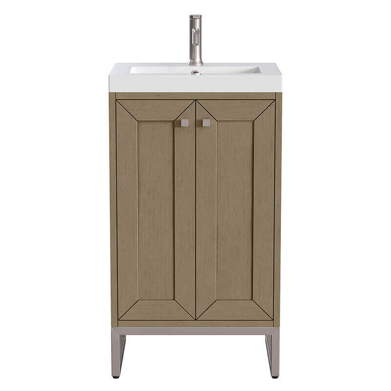 James Martin Chianti 20 Inch Single Vanity Walnut Whisper Brushed Nickel With White Glossy Composite Stone Top