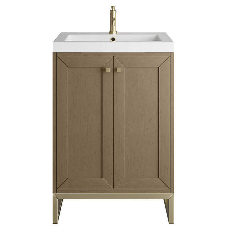 James Martin Chianti 24 Inch Single Vanity Walnut Whisper Champagne Brass with White Glossy Composite Stone Top