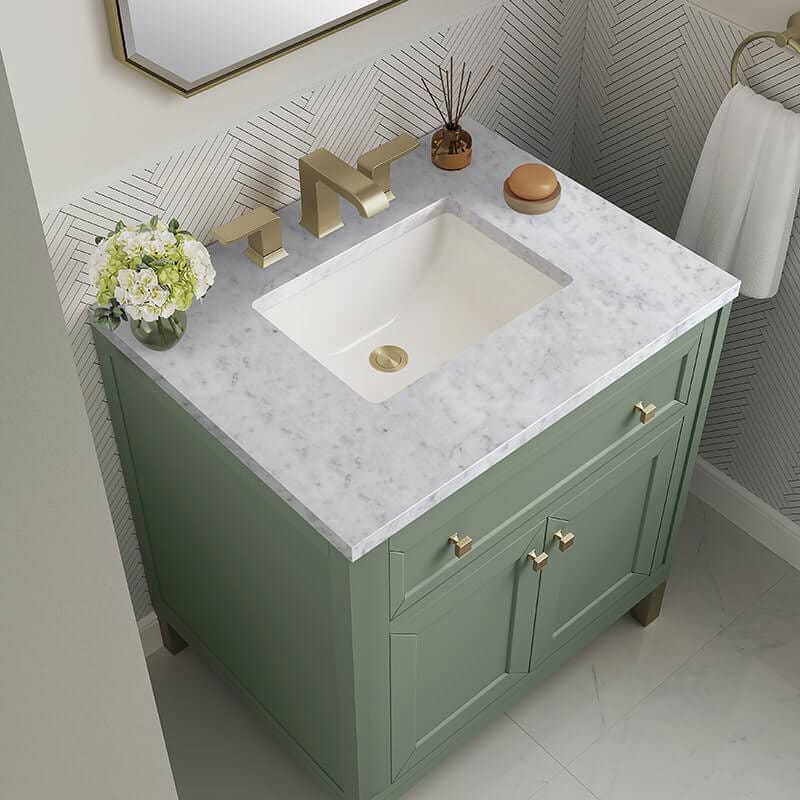 James Martin Chicago 30 Inch Single Vanity in Smokey Celadon With Carrara Marble Top