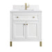James Martin Chicago 30" Single Vanity in Glossy White With Single Hole Faucet White Zeus Silestone Top Backsplash