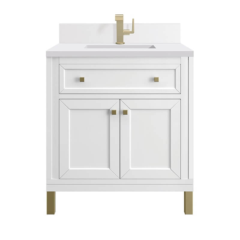James Martin Chicago 30" Single Vanity in Glossy White With Single Hole Faucet White Zeus Silestone Top Backsplash