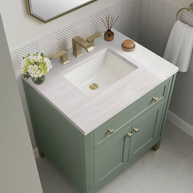 james martin chicago 30" single vanity in smokey celadon with arctic fall solid surface top
