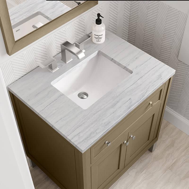 James Martin Chicago 30" Single Vanity in Walnut Whisper With Arctic Fall Solid Surface Top