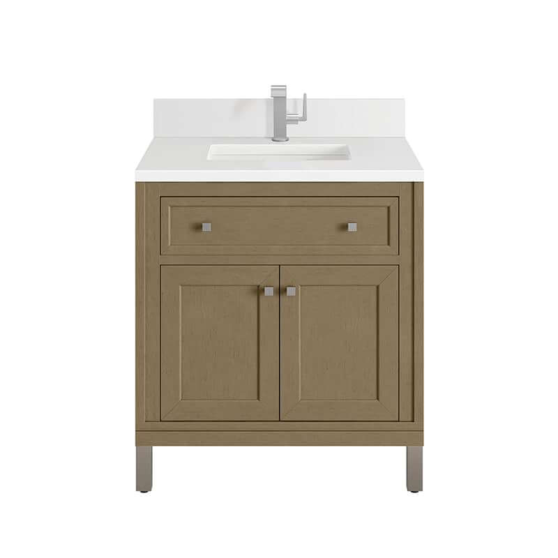 James Martin Chicago 30" Single Vanity in Walnut Whisper With Single Hole Faucet White Zeus Silestone Top Backsplash