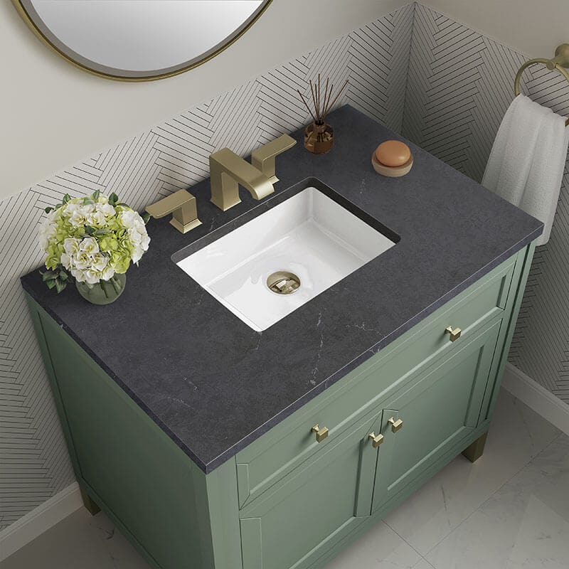 James Martin Chicago 36 Inch Single Vanity Smokey Celadon With Charcoal Soapstone Silestone Top