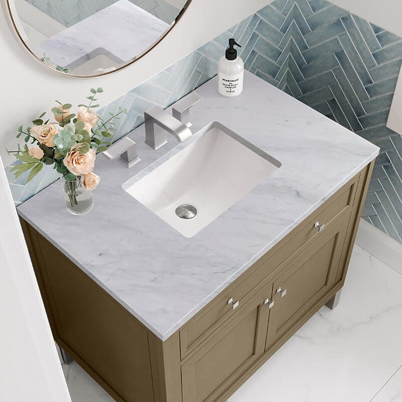 James Martin Chicago 36 Inch Single Vanity Walnut Whisper With Carrara Marble Top
