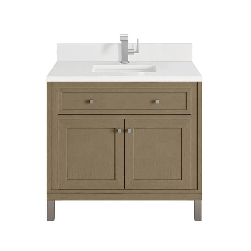 James Martin Chicago 36 Inch Single Vanity Walnut Whisper With Single Hole Faucet White Zeus Silestone Top Backsplash