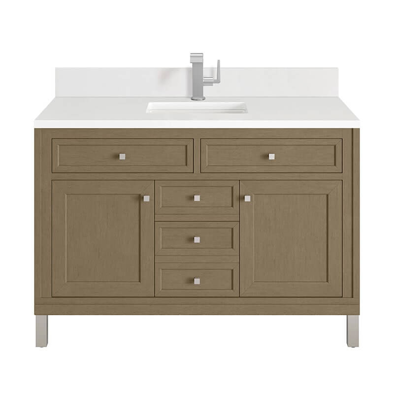 James Martin Chicago 48" Single Vanity Walnut Whisper With Single Hole Faucet White Zeus Silestone Top Backsplash