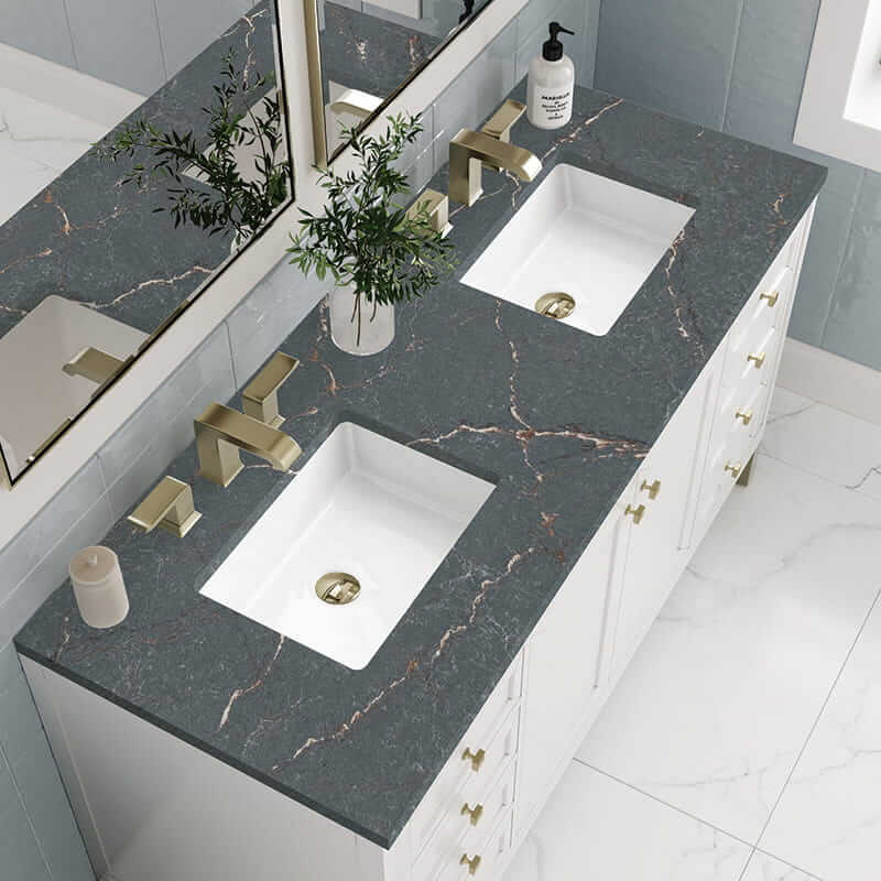 James Martin Chicago 60" Double Vanity in Glossy White With Parisien Bleu Silestone Top
