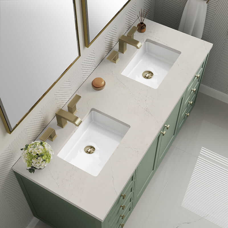 James Martin Chicago 60 Inch Double Vanity in Smokey Celadon With Siberian Silestone Top