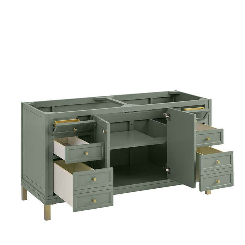 James Martin Chicago 60 Inch Double Vanity Smokey Celadon Open Drawers