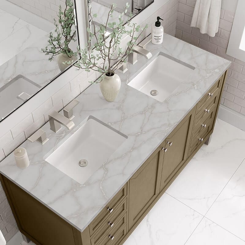 James Martin Chicago 60 Inch Double Vanity Walnut Whisper With Victorian Silver Silestone Top