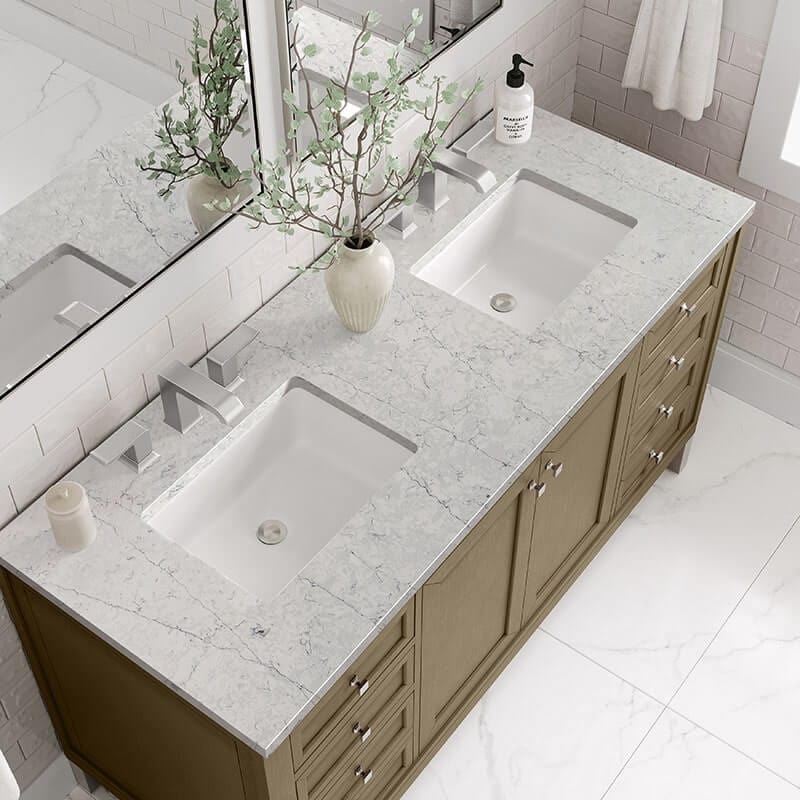 James Martin Chicago 60 Inch Double Vanity Whitewashed Walnut Eternal Jasmine Pearl Silestone Top