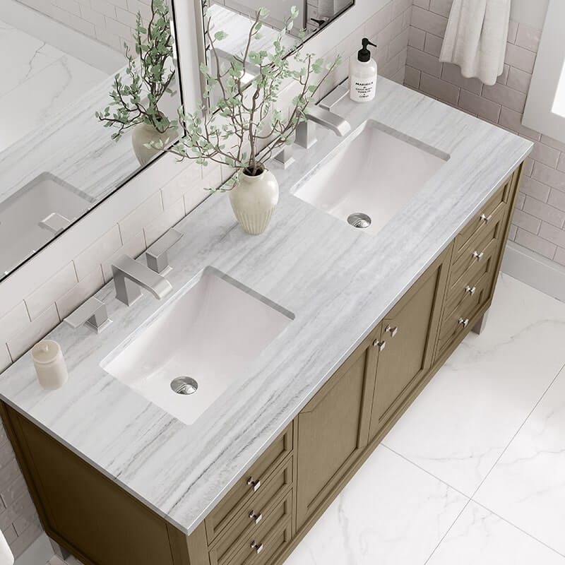 James Martin Chicago 60 Inch Double Vanity Whitewashed Walnut With Arctic Fall Solid Surface Top