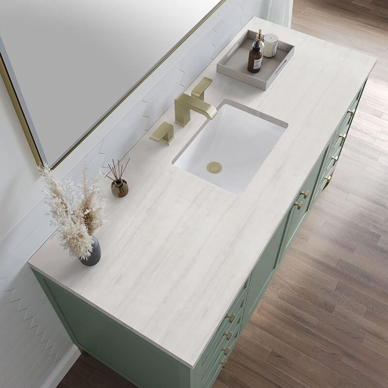 James Martin Chicago 60 Inch Single Vanity Smokey Celadon With Arctic Fall Solid Surface Top