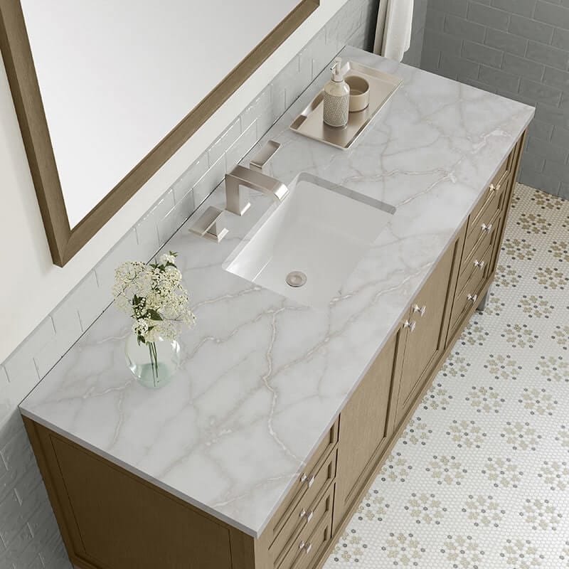 James Martin Chicago 60 Inch Single Vanity Walnut Whisper With Victorian Silver Silestone Top