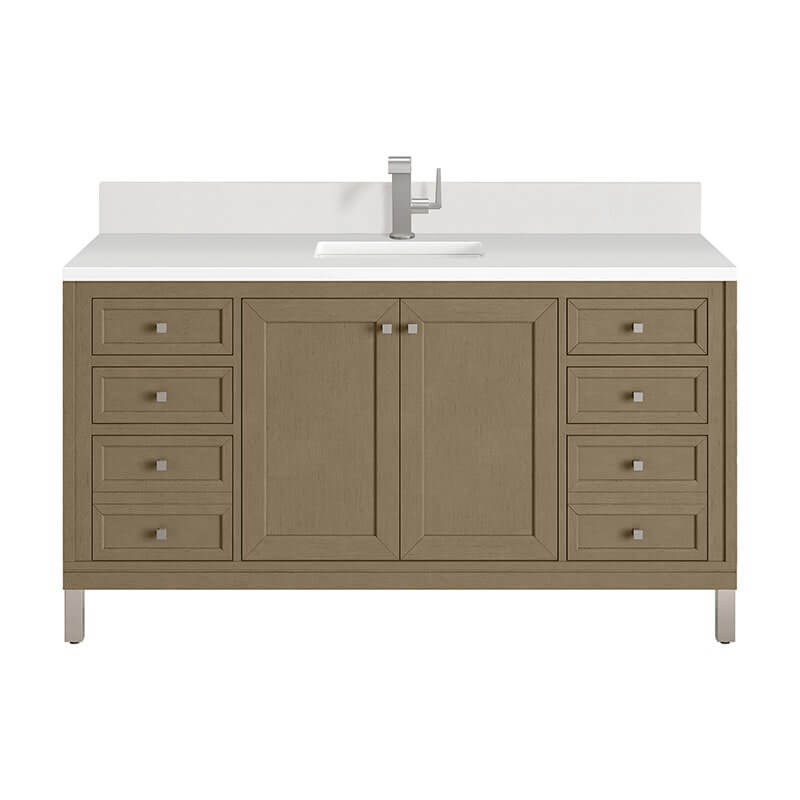 James Martin Chicago 60 Inch Single Vanity Whitewashed Walnut With Single Hole Faucet White Zeus Silestone Top Backsplash