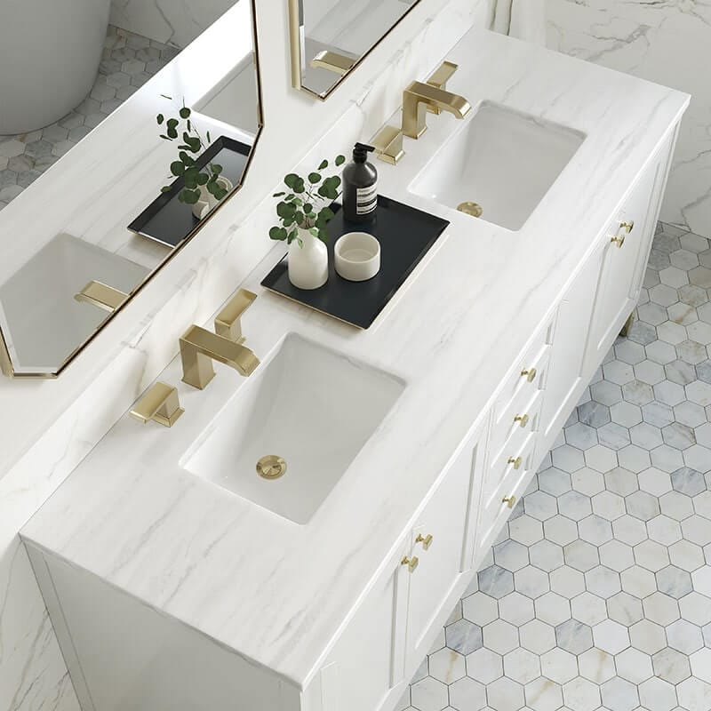 James Martin Chicago 72" Double Vanity Glossy White With Arctic Fall Solid Surface Top
