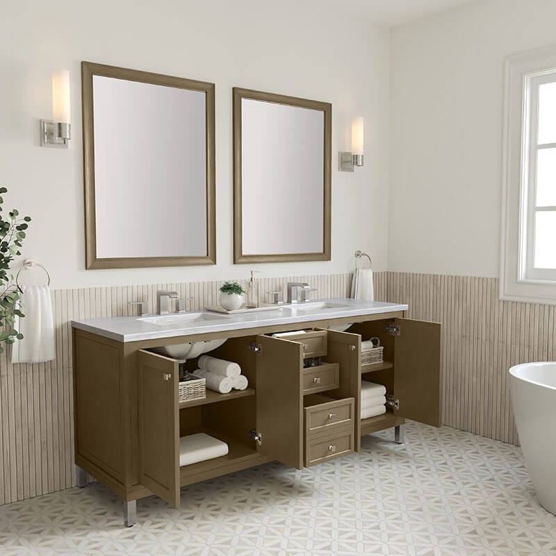 James Martin Chicago 72" Double Vanity Whitewashed Walnut Open Drawers