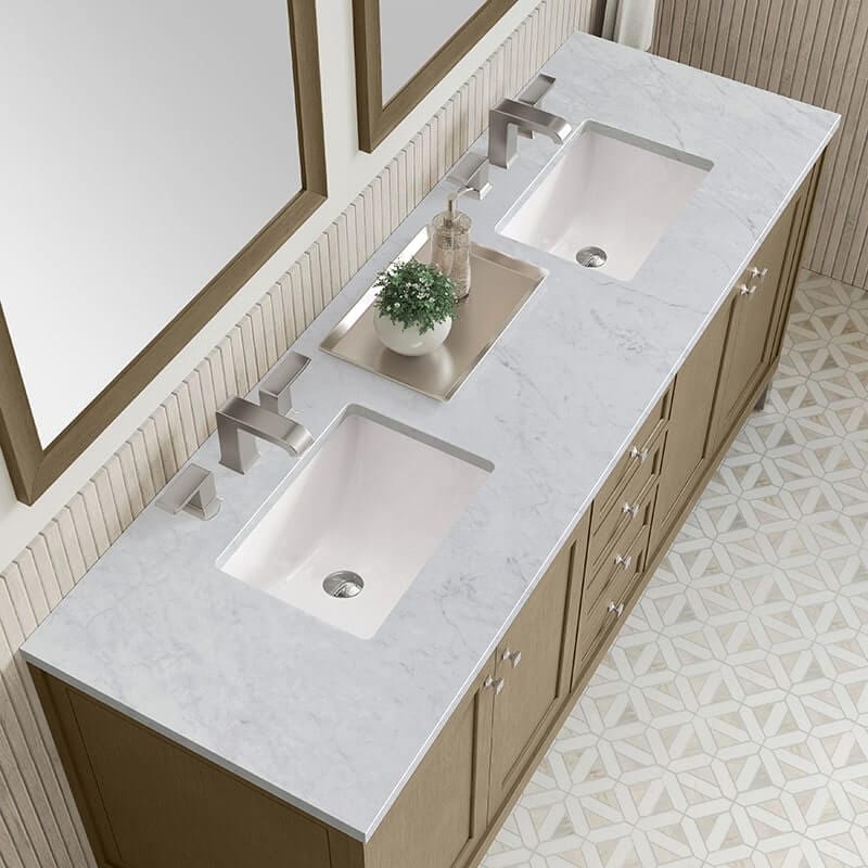 James Martin Chicago 72 Inch Double Vanity Walnut Whisper With Carrara Marble Top