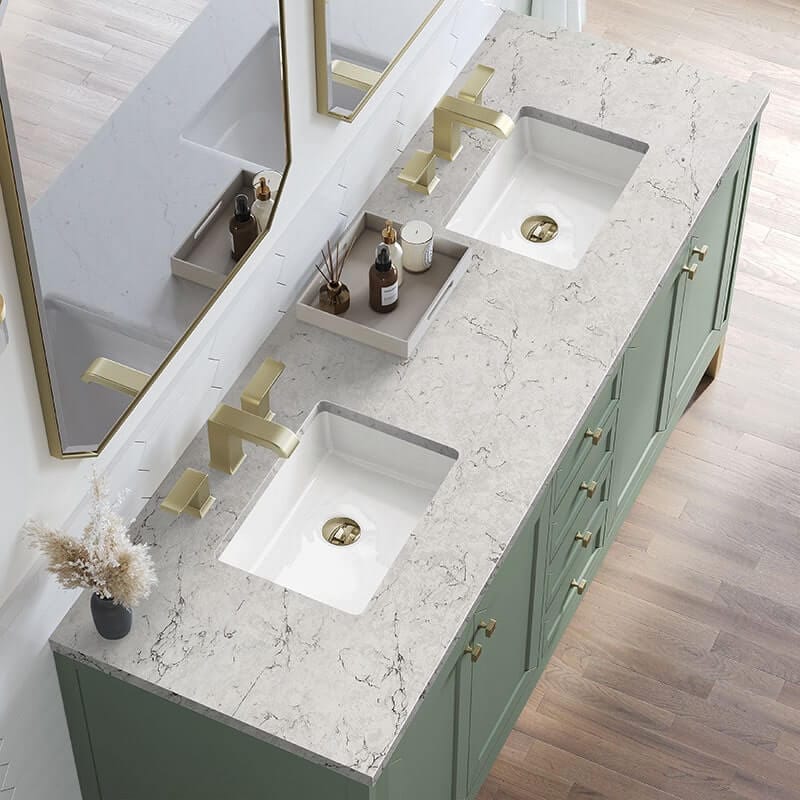 James Martin Chicago 72 Inch Double Vanity With Smokey Celadon Eternal Jasmine Pearl Silestone Top