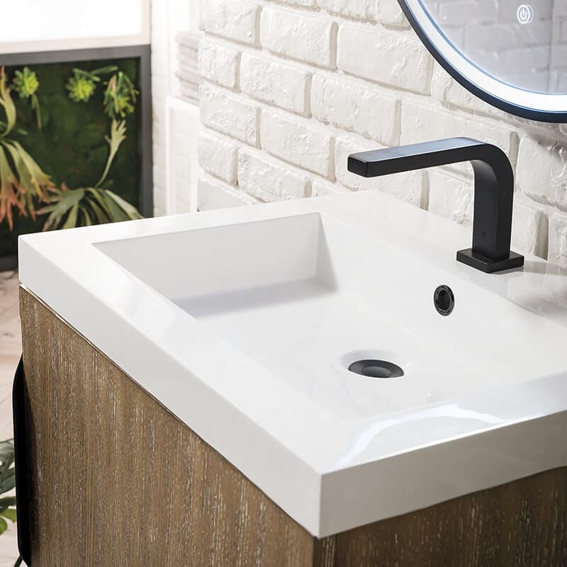 James Martin Columbia 24 Inch Single Vanity Matte Black Latte Oak With White Zeus Silestone Top