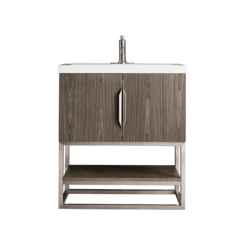 James Martin Columbia 31.5 Inch Single Vanity in Ash Gray Brushed Nickel With White Zeus Silestone Top
