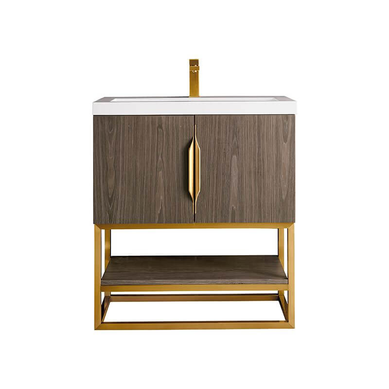 James Martin Columbia 31.5 Inch Single Vanity in Ash Gray Radiant Gold With White Zeus Silestone Top