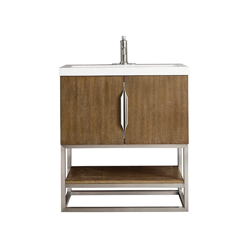 James Martin Columbia 31.5 Inch Single Vanity in Latte Oak Brushed Nickel With White Zeus Silestone Top