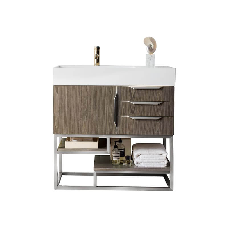James Martin Columbia 36 Inch Single Vanity in Ash Gray Brushed Nickel With White Zeus Silestone Top
