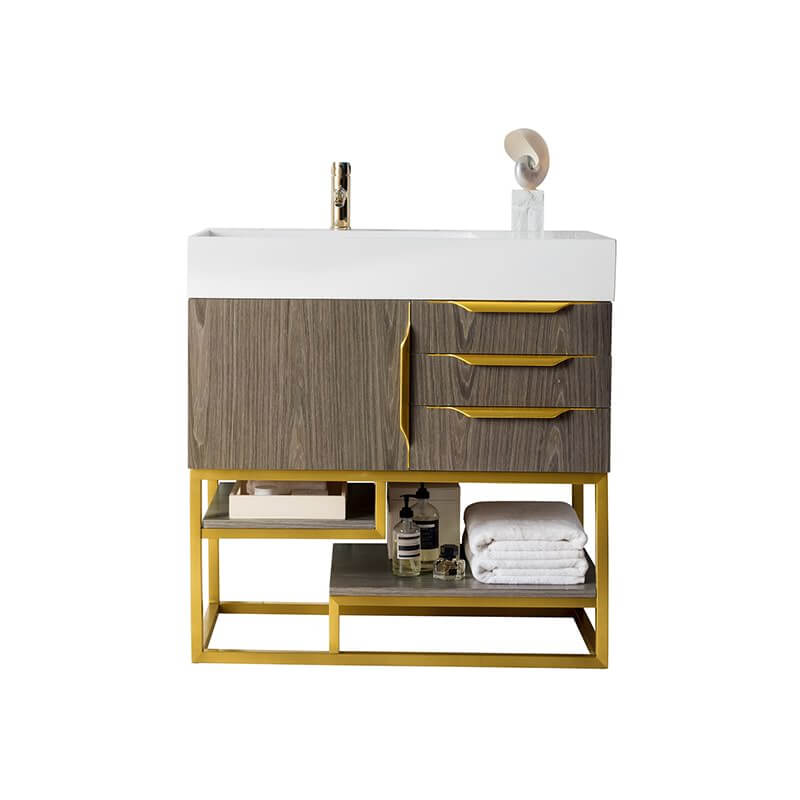 James Martin Columbia 36 Inch Single Vanity in Ash Gray Radiant Gold With White Zeus Silestone Top