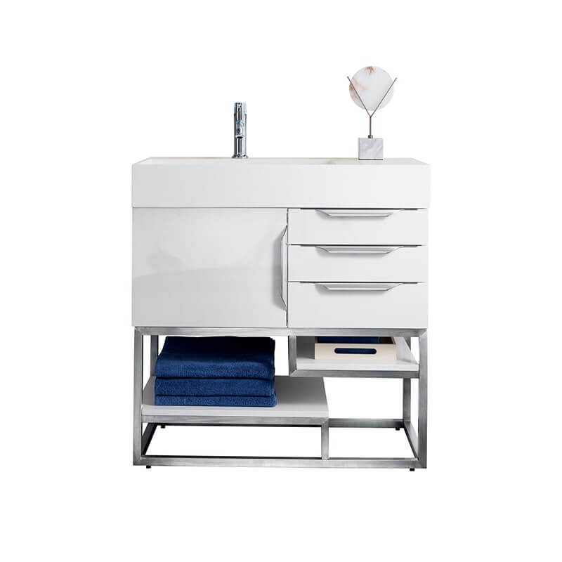 James Martin Columbia 36 Inch Single Vanity in Glossy White Brushed Nickel With White Zeus Silestone Top