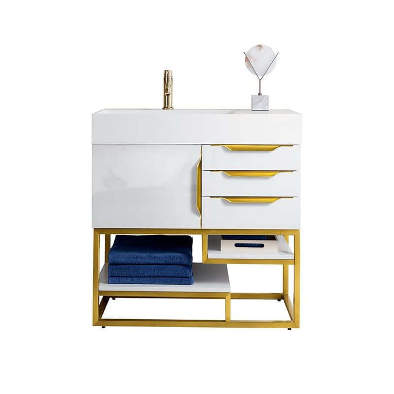 James Martin Columbia 36 Inch Single Vanity in Glossy White Radiant Gold With White Zeus Silestone Top