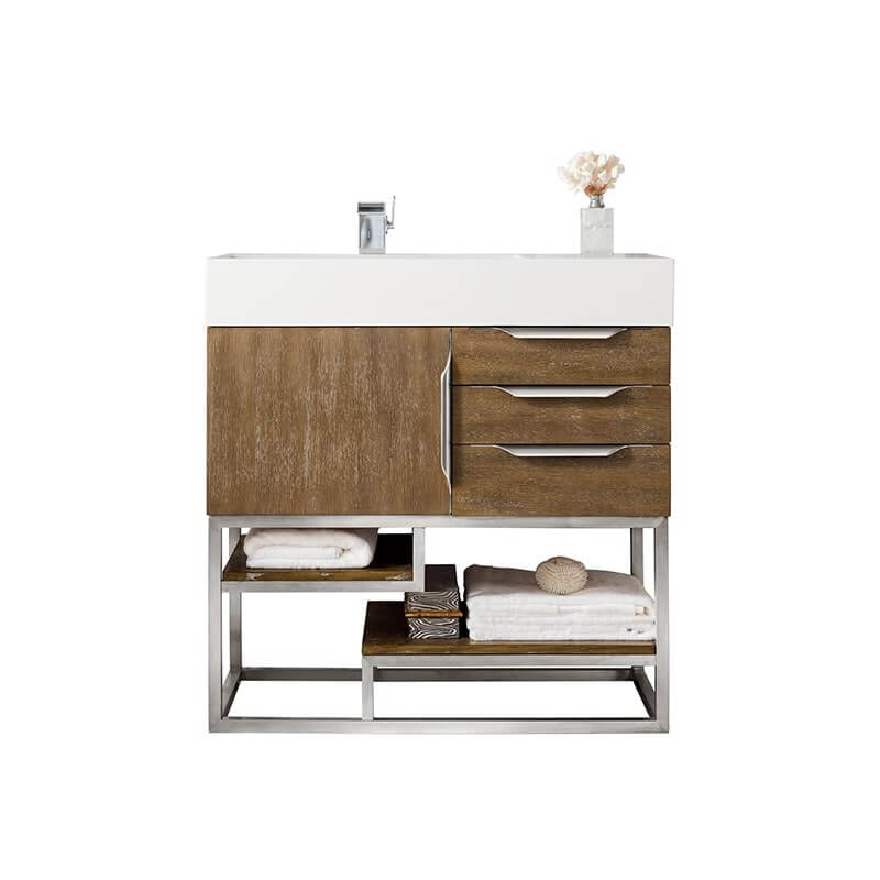 James Martin Columbia 36 Inch Single Vanity in Latte Oak Brushed Nickel With White Zeus Silestone Top