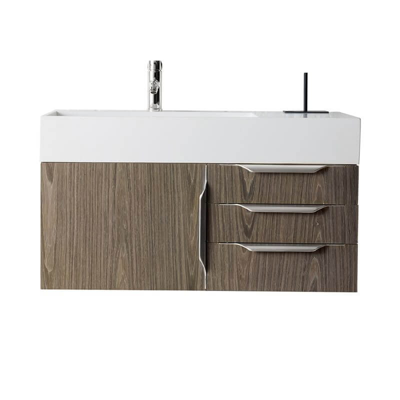 James Martin Columbia 36 Inch Single Wall Mount Vanity in Ash Gray Brushed Nickel With White Zeus Silestone Top